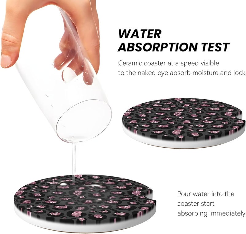 CTVSLFU Absorbent Car Coasters for Cup Holders, 2 Pack Universal Anti Slip Ceramic Cup Coaster for Women Men 2.56 Inch Car Interior Accessories - Black Pink Leopard 005 - Image 4